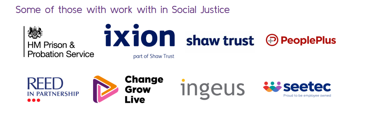 Organisations Genius Within has worked with in Social Justice: HM Prison and Probation Service, Ixion, Shaw Trust, PeoplePlus, Reed in Partnership, Change Grow Live, Ingeus and Seetec.