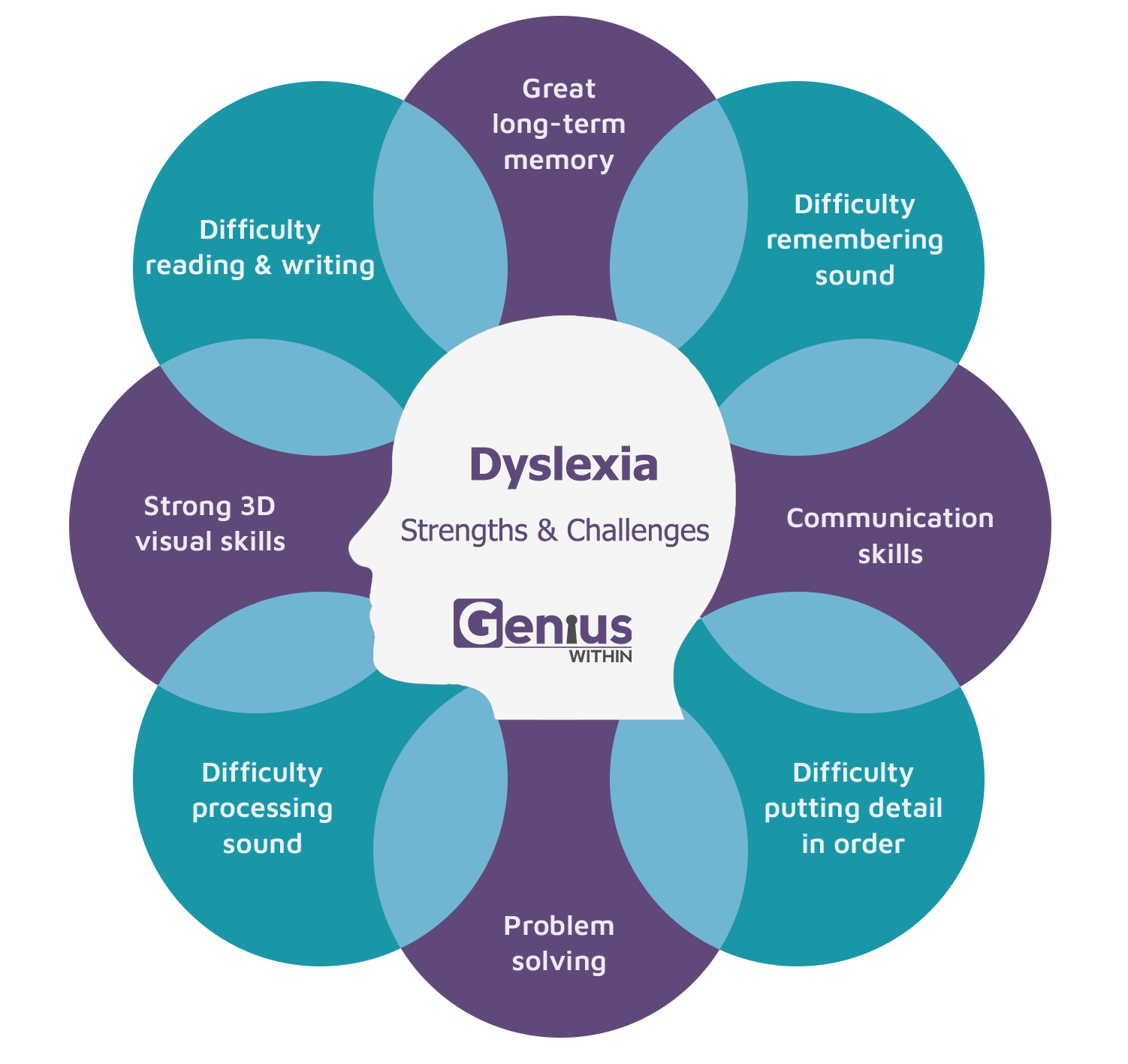 Info graphic with head at the centre and overlapping text bubbles in a circle around it. Title reads: Dyslexia, strengths and challenges. The strengths and challenges are listed as follows; Great long-term memory, difficulty remembering sound, communication skills, difficulty putting detail in order, problem solving, difficulty processing sound, strong 3D visual skills, difficulty reading and writing.