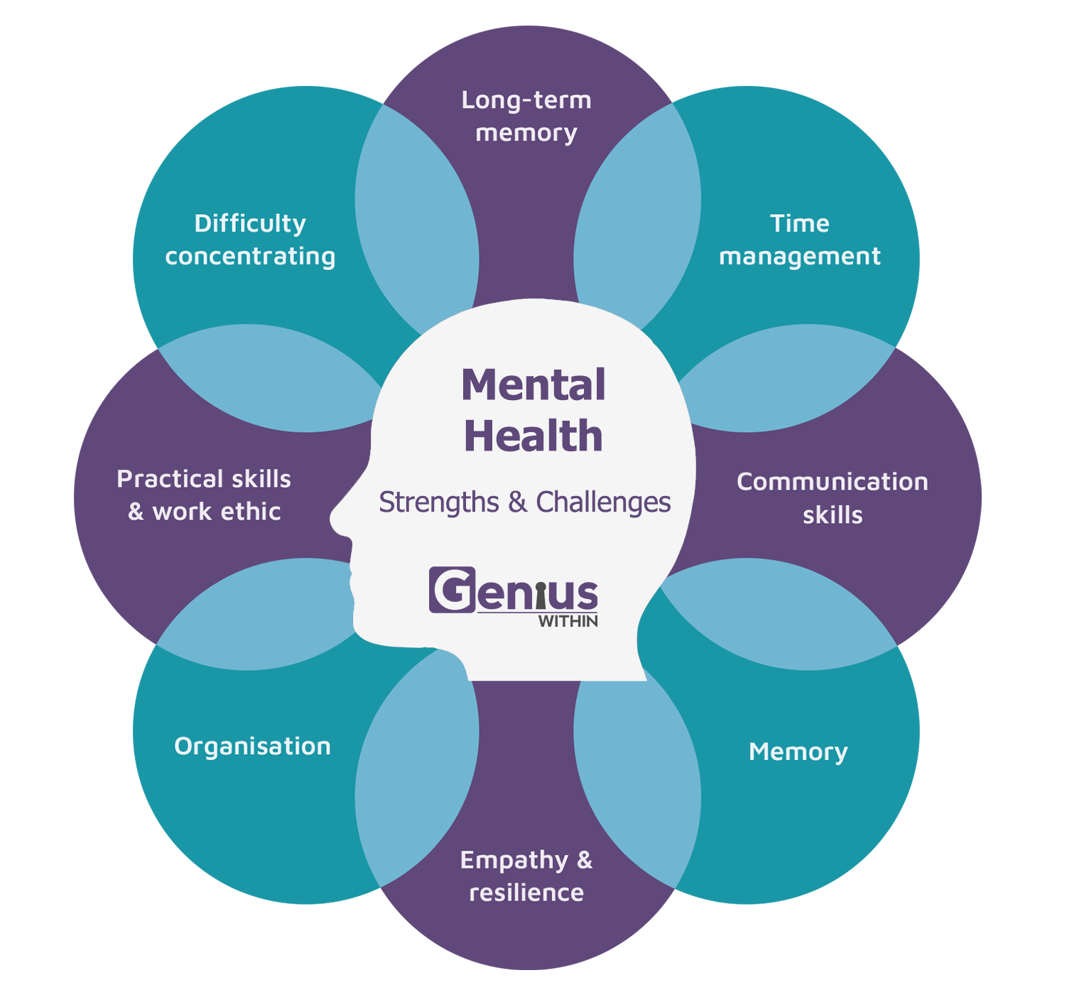 Info graphic with head at the centre and overlapping text bubbles in a circle around it. Title reads: Mental HEalth, strengths and challenges. The strengths and challenges are listed as follows; good long-term memory, difficulty with time management, strong communication skills, challenges with memory, empathy and resilience, challneges with organsiation, good practical skills and work ethic, difficulty comcentrating.