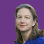 Professional headshot of Gwen Tietze with shoulder-length brown hair, wearing a blue top, against a purple background