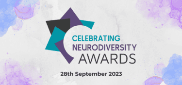 Celebrating Neurodiversity awards 28th September 2023. Background is white paper effect with water-colour patches in purple and blue