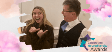 Inside a paint streak frame we have Nicky Campbell with his daughter Kirsty making silly faces and laughing. The border is colourful paint and the logo for the CND Awards