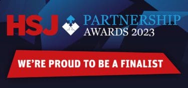 A blue and red graphic. Text reads: HSJ partnership awards 2023. We're proud to be a finalist. Best consultancy partnership with the NHS.