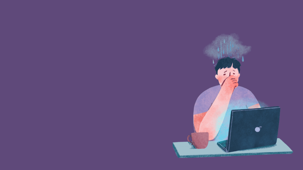 Graphic illustration of a man sat at laptop with rain cloud above his head to symbolise feeling sad or stressed.