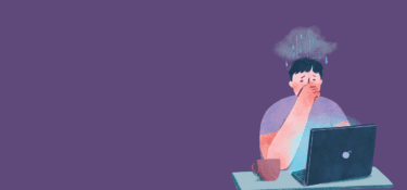 Graphic of man being stressed at work and computer