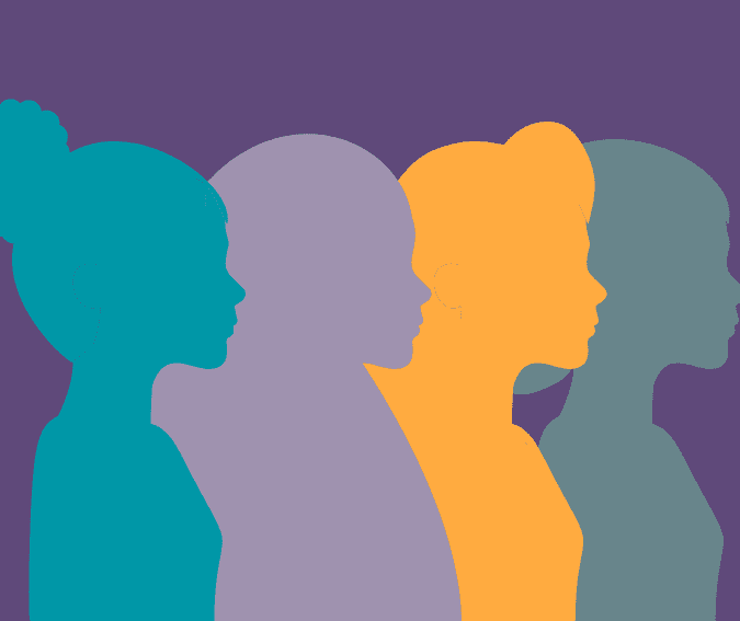 Purple background with the silhouette of four people in the centre in the Genius Within brand colours,