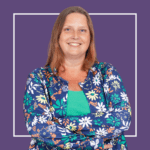 Purple background with white square outline with image of Gemma Pullen, wearing a blue t-shirt, smiling at the camera.