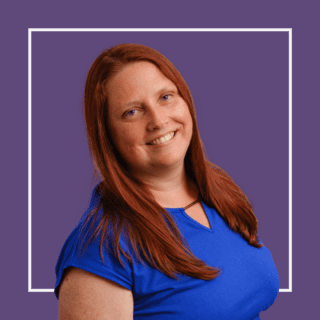 Purple background with white square outline with image of Gemma Pullen, wearing a blue t-shirt, smiling at the camera.