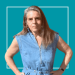 Teal background with white square outline with image of Helen Charnock, wearing a blue denim dress with her hands on her hips.