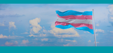 Image of the Transgender flag blowing in the wind against a blue cloudy sky