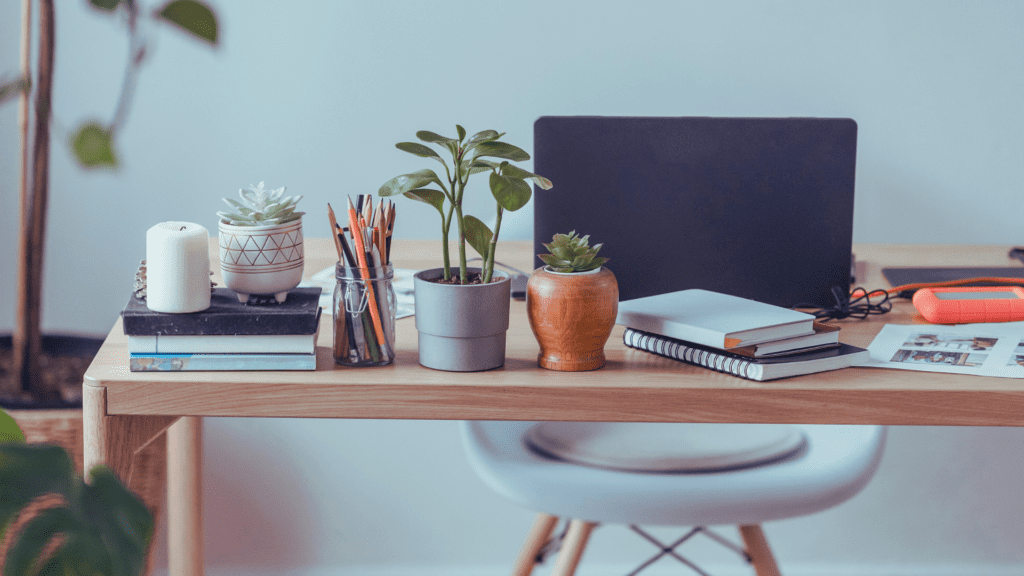 Image of a work from home desk with plants and a pencil pot on