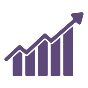 Purple icon with bar chart showing bigger blocks left to right and an arrow indicating growth above it.
