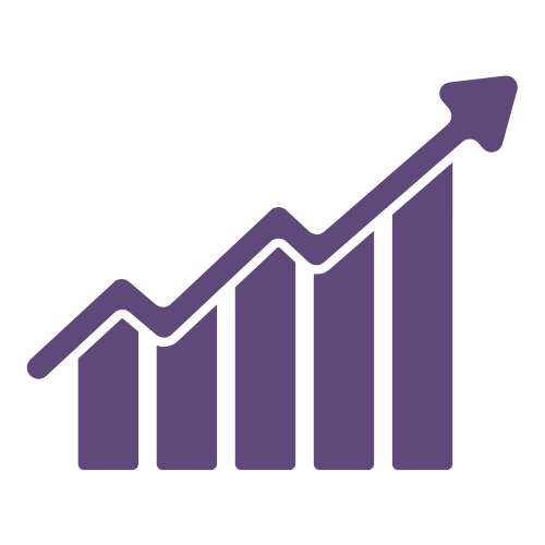 Purple icon with bar chart showing bigger blocks left to right and an arrow indicating growth above it.