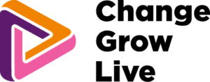 Change Grow Live company logo spelt out in black, with an organe, pink and purple on the left of the words