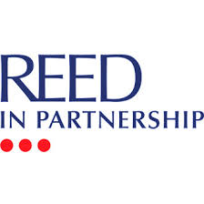 Company logo in blue spelling Reed In Partnership with three red dots underneath