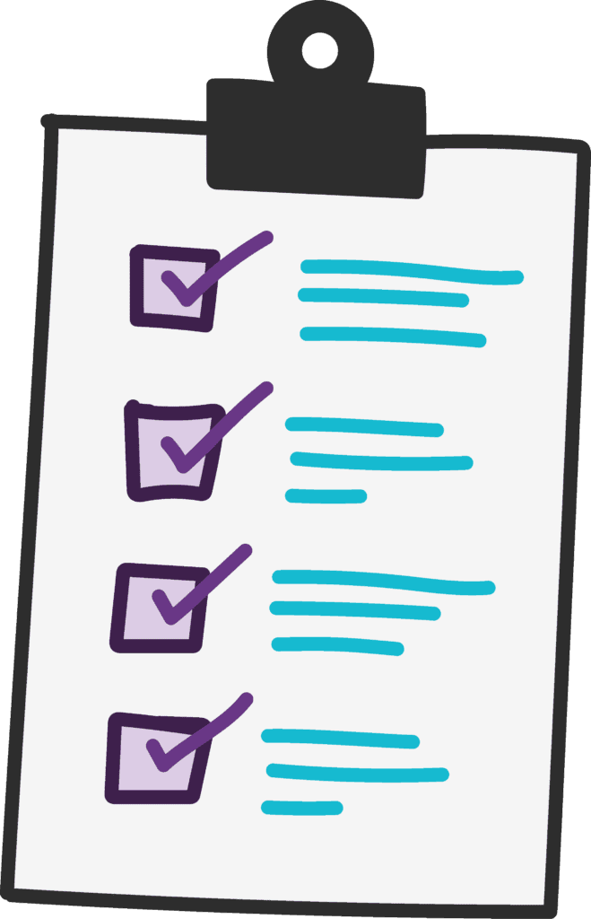 Illustration style icon with a checklist showing ticks for each item