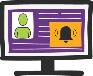 Image is a hand drawn illustration style of a computer monitor. It shows a black monitor with purple page background. On the page is the outline of a human shaped head and shoulders in green, and a bell icon in orange and black