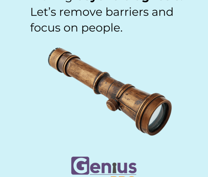 Image shows the text "Moving beyond diagnosis. Let's remove barriers and focus on people." Underneath the text is a picture of an old fashioned telescope. The background of the image is pale blue.