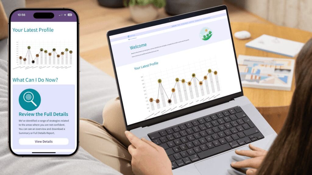 Image shows the Genius Finder software platform on two screens. On the left is a mobile and on the right a person with a laptop on their knee