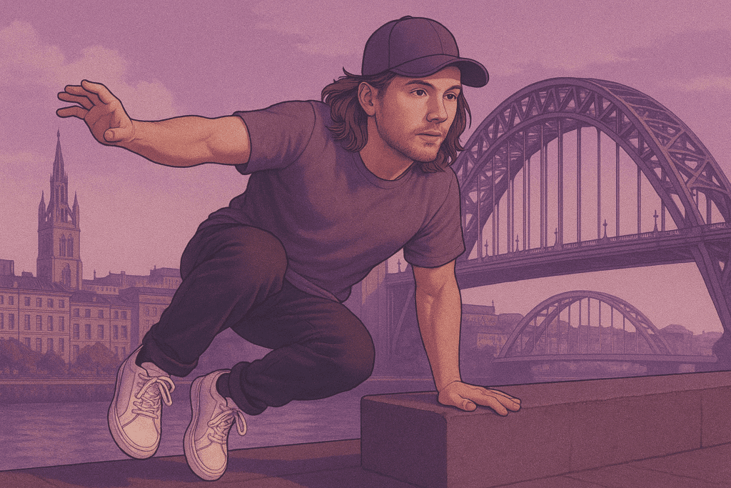 Illustration image of a young man by the river with one hand on a wall. The other in the air. He has a cap and white shoes. He is what looks like mid move in Parkour.