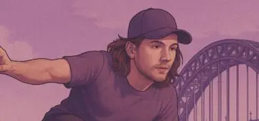 Illustration image of a young man by the river with one hand on a wall. The other in the air. He has a cap and white shoes. He is what looks like mid move in Parkour.