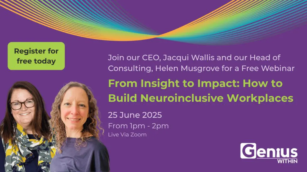 Image shows a purple background. On the left are head and shoulder photos of Nancy Doyle and Helen Musgrove. On the right is information about the Webinar dates