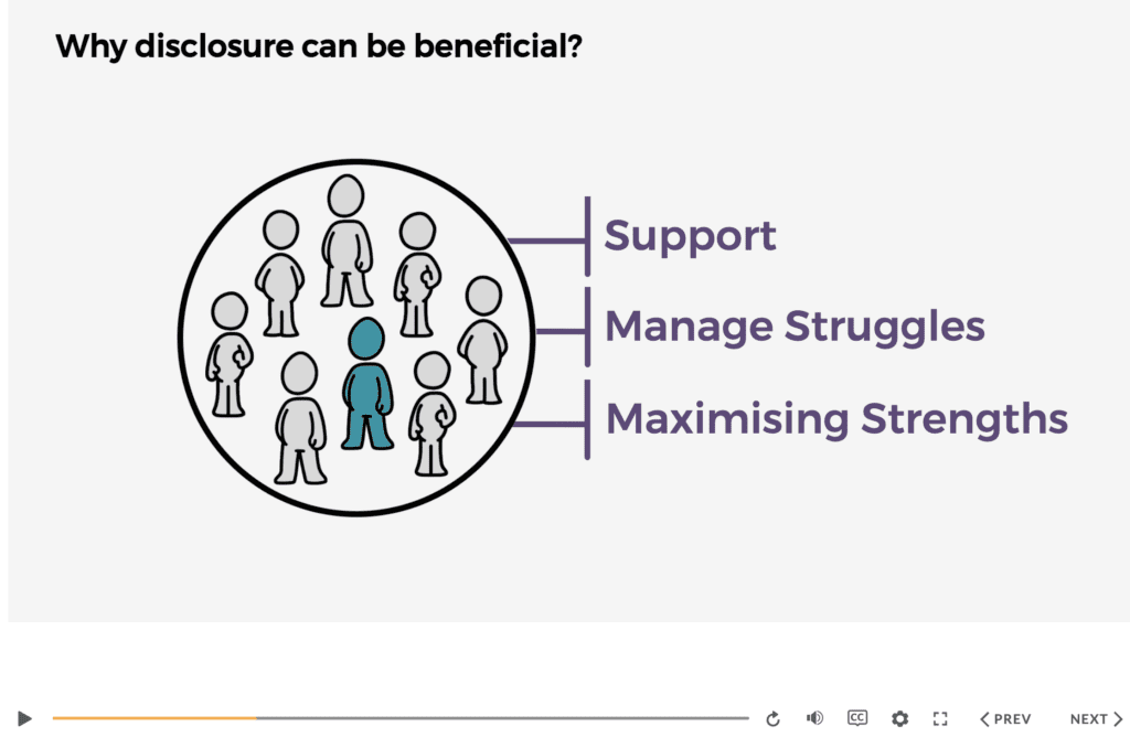 screenshot of elearning course content. Image shows a title "Why can disclosure be beneficial". Underneath is a group of icons of people