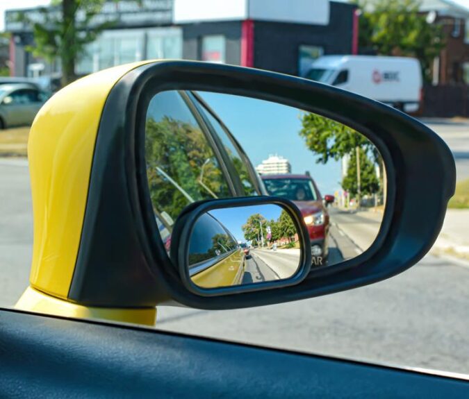 The view from a motor vehicle side mirror through the window, with a blind spot mirror.
