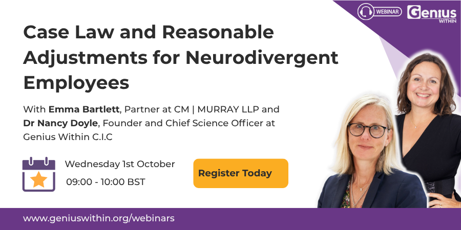 Image shows dates and details of the webinar with head and shoulder photos of the hosts, Dr. Nancy Doyle and Emma Bartlett