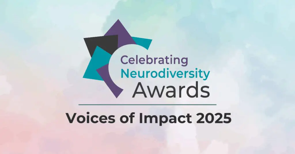 Logo for Celebrating Neurodiversity Awards with tagline 'Voices of Impact 2025' on a soft pastel watercolor background. The logo features overlapping geometric star-like shapes in purple, teal, and black surrounding a circular cut-out