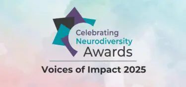 Logo for Celebrating Neurodiversity Awards with tagline 'Voices of Impact 2025' on a soft pastel watercolor background. The logo features overlapping geometric star-like shapes in purple, teal, and black surrounding a circular cut-out