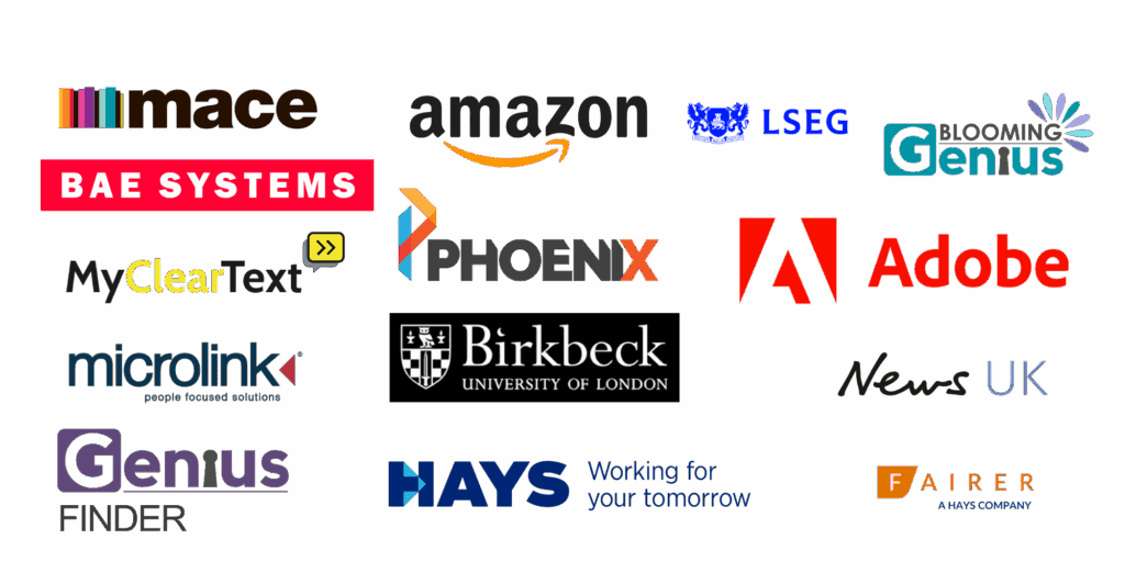 A combination of logos from companies who have previously sponsored the Celebrating neurodiversity Awards including Amazon, Adobe, and Microlink.