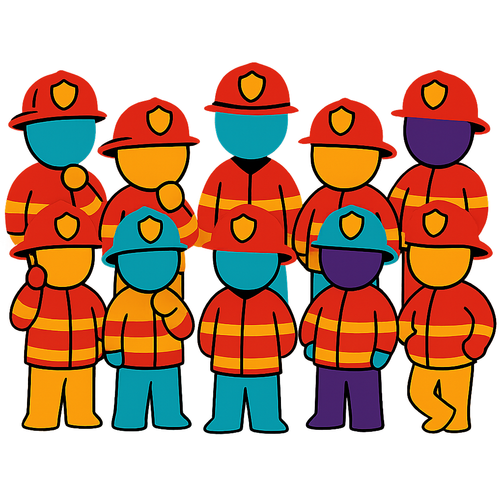 An image of genius within meeples dressed in firefighter uniforms for an article about neurodiversity in the fire service