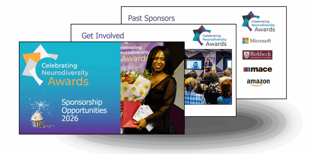 A promotional collage for the Celebrating Neurodiversity Awards 2026. The main slide reads "Sponsorship Opportunities 2026" with the event logo and a cupcake with sparklers. To the right, a woman holding flowers and an award is pictured at a past ceremony, with an audience in the background. Above, the heading “Past Sponsors” lists logos of Microsoft, Birkbeck University of London, Mace, and Amazon.