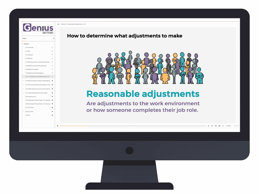 eLearning for HR home screen with an example of one part of the course titled "How to determine what adjustments to make".