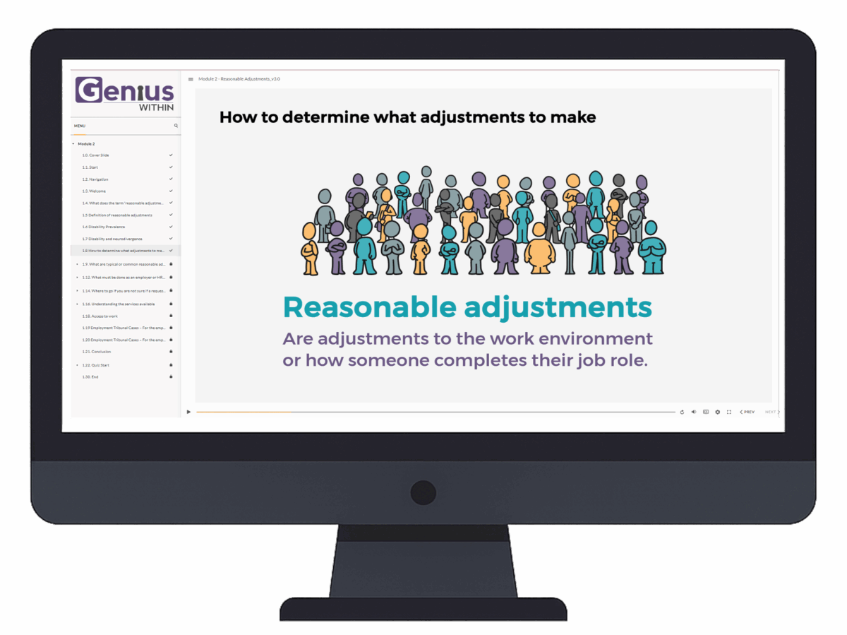 eLearning for HR home screen with an example of one part of the course titled "How to determine what adjustments to make".