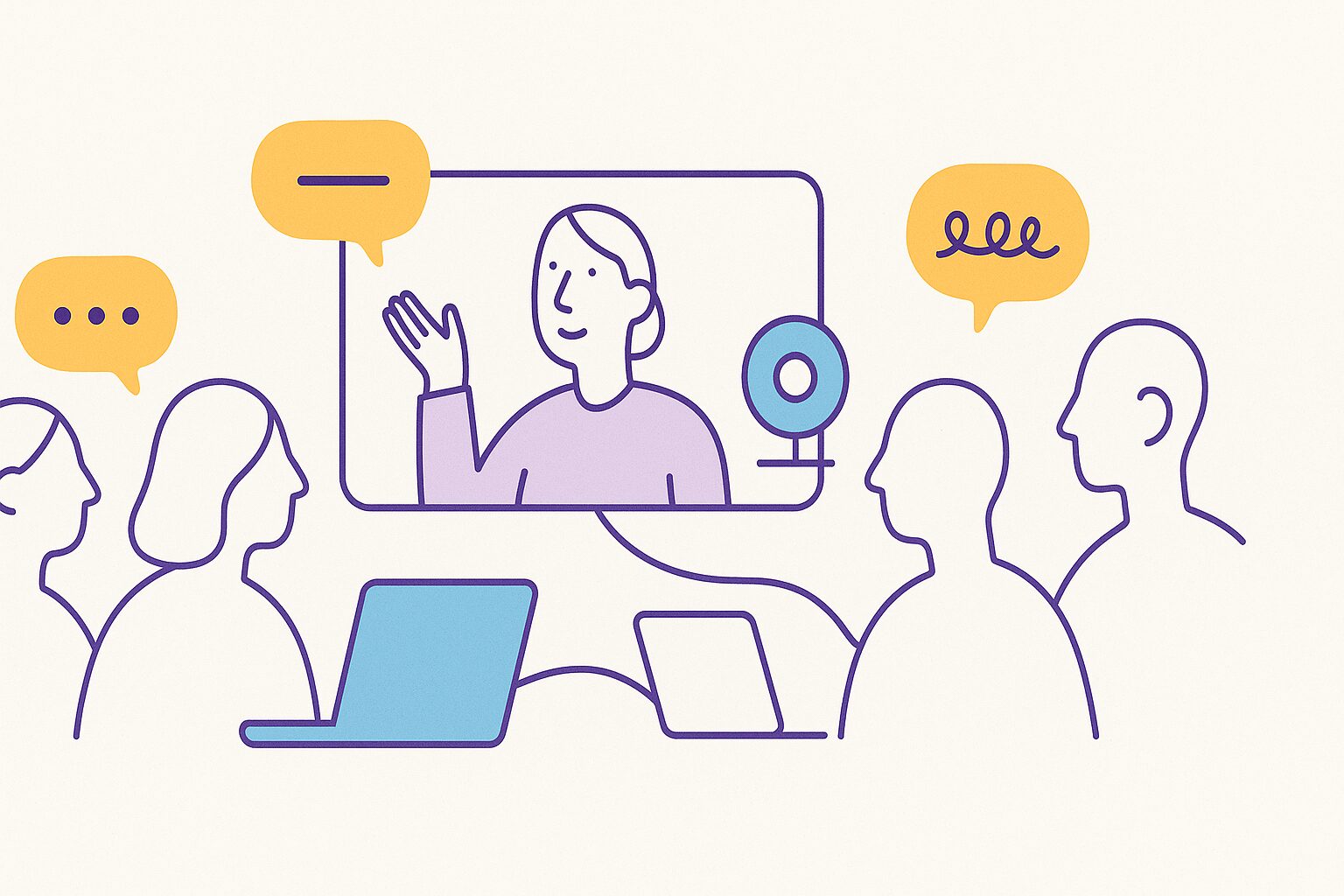 illustration of someone talking on screen and group responding
