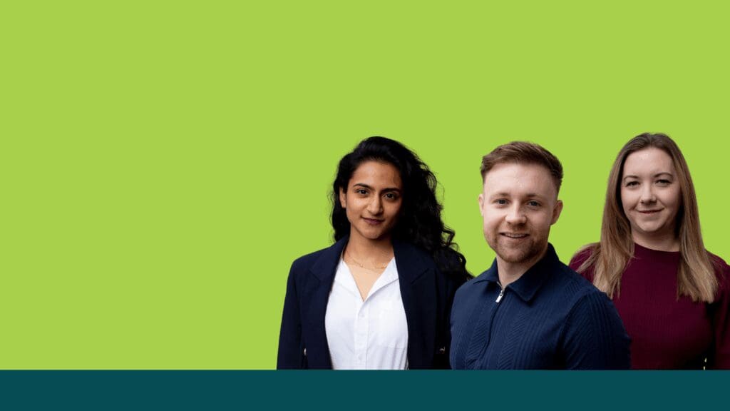 Three people standing side by side against a bright green background.