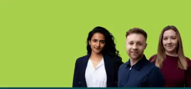 Three people standing side by side against a bright green background.