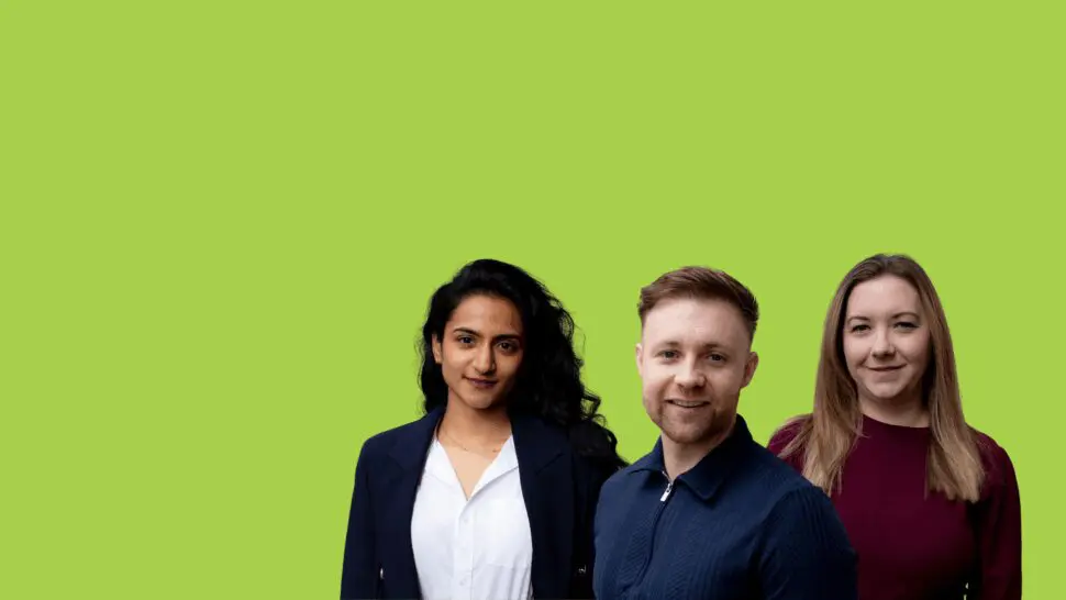 Three people standing side by side against a bright green background.