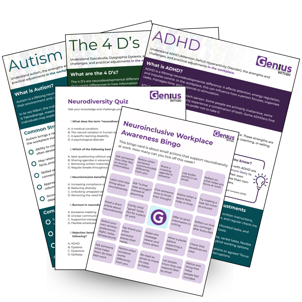 A promotional image for Neurodiversity Celebration Week, showing a spread of Genius Within resources laid out in a fan arrangement. The materials include guides titled “Autism,” “The 4 D’s,” and “ADHD,” a workplace strengths word search, and a central purple and white “Neuroinclusive Workplace Awareness Bingo” card featuring small practical actions to support neurodiversity at work. The Genius Within logo appears on the materials, which use purple, green and teal brand colours.