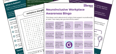 A promotional image for Neurodiversity Celebration Week, showing a spread of Genius Within resources laid out in a fan arrangement. The materials include guides titled “Autism,” “The 4 D’s,” and “ADHD,” a workplace strengths word search, and a central purple and white “Neuroinclusive Workplace Awareness Bingo” card featuring small practical actions to support neurodiversity at work. The Genius Within logo appears on the materials, which use purple, green and teal brand colours.