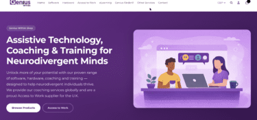 Screenshot of the website home page for the Genius Within ecommerce shop for Assistive Technology, Coaching and Training