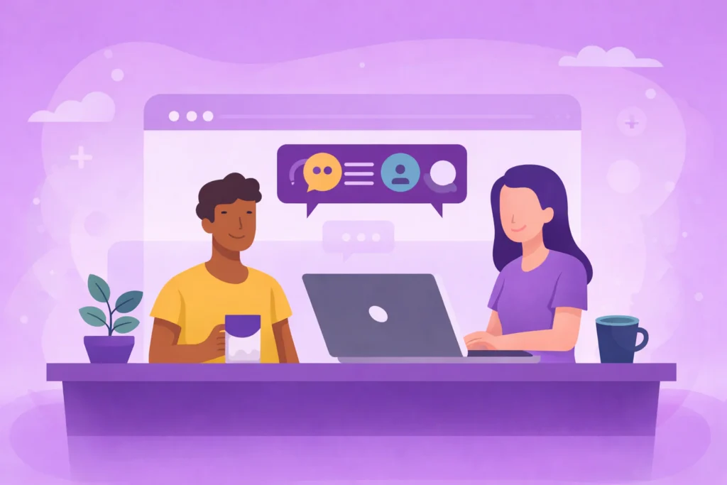 illustrative image of two people at a laptop