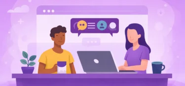 illustrative image of two people at a laptop