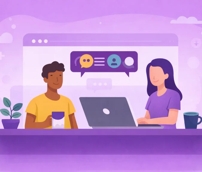 illustrative image of two people at a laptop