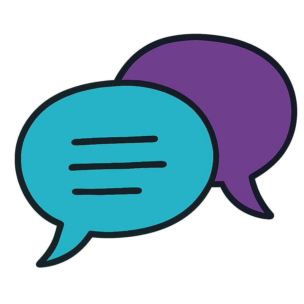 Two speech bubbles drawn in an illustrative style. one is aqua blue and one is purple.