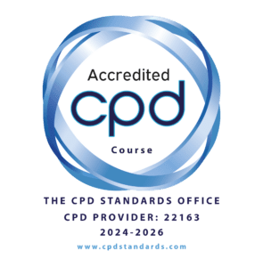 CPD Standards Office accredited course logo showing blue circular ribbon design with the text ‘Accredited CPD Course’. Includes ‘The CPD Standards Office’, CPD Provider number 22163, valid 2024–2026, and website www.cpdstandards.com