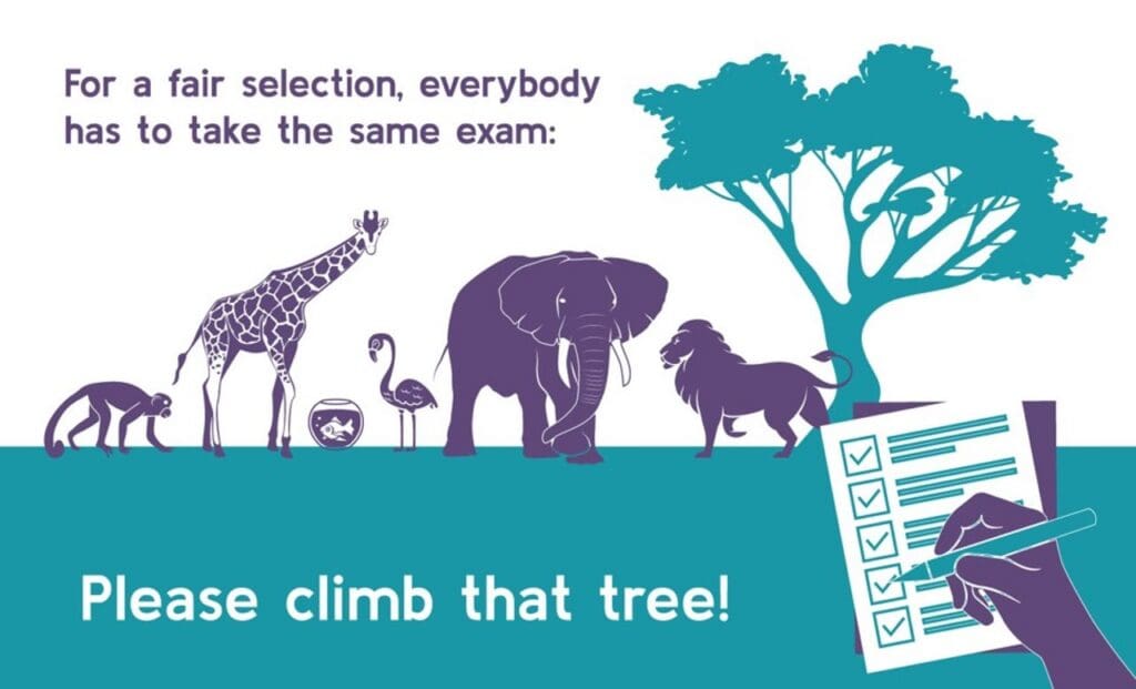 image of different animals lined up next to a tree. text says to make a fair selection everyone must take the same exam. now climb that tree!