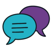 Illustrated icon of two speech bubbles in purple and blue, representing FAQs about neurodiversity and Genius Within.
